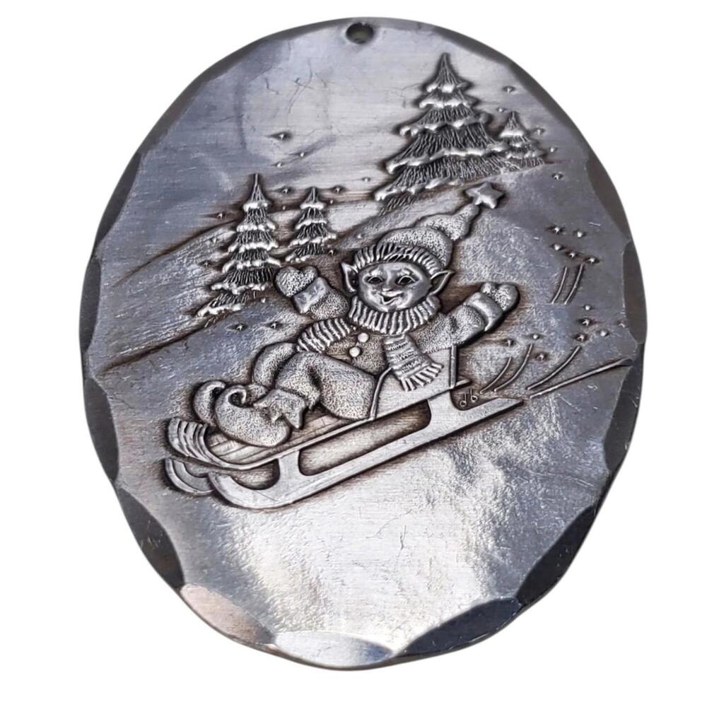 Wendell August Forge Hammered Aluminum Ornament 2003 Elves Series Downhill Fun